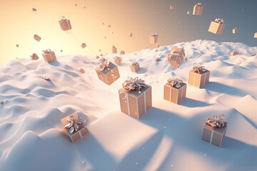 Christmas gift boxes in the snow. 3D rendering. 3D illustration.   Generative ai