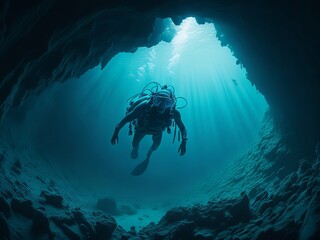 Scuba deep sea diver swimming in a deep ocean cavern. Generative AI
