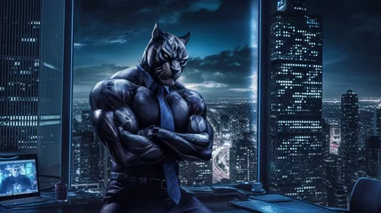 Foto op Plexiglas Jaguar man, panther boss in a jacket sits in an armchair in a dark office overlooking the night city. Created in AI. © Ренат Хисматулин