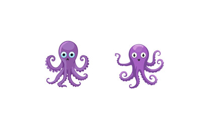 Vector illustration of cartoon octopuses in purple color isolated on white background