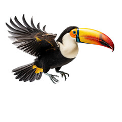 a Toco Toucan in flight, in various positions, rainforest clown, Wildlife-themed, photorealistic illustrations in a PNG, cutout, and isolated. Generative AI