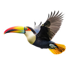 Naklejka premium a Toco Toucan in flight, in various positions, rainforest clown, Wildlife-themed, photorealistic illustrations in a PNG, cutout, and isolated. Generative AI