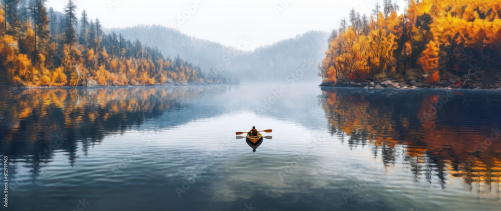 Wall mural Person rowing on a calm lake in autumn, aerial view only small boat visible with serene water around - lot of empty copy space for text. Generative AI