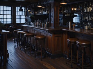 Tables of a pub style old bar. Generative AI
