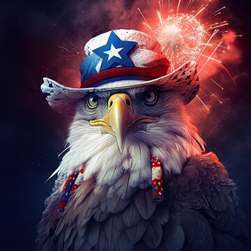 Portrait of an American bald eagle wearing a hat with elements of the US flag. AI generative Art.