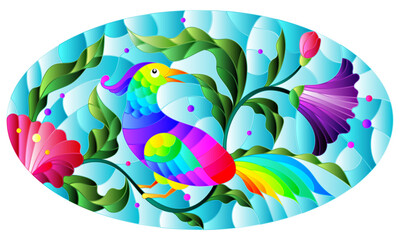 Stained glass illustration with a bright abstract bird on a background of leaves, flowers and blue sky, oval image