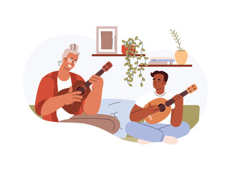 Grandma teaching child boy playing ukulele at home flat style