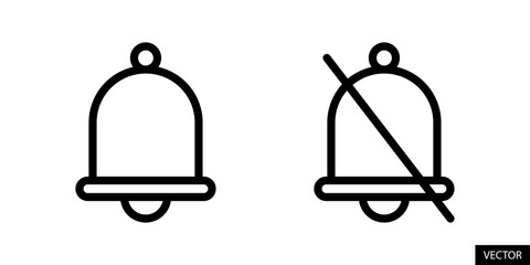 Notification bell, ring mode and notification bell slash, silent mode vector icons in line style design for website, app, UI, isolated on white background. Editable stroke. Vector illustration.
