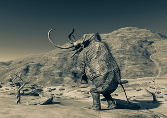 Fototapeta premium colossadon mammoth is prancing among the dead trees on the dry desert in rear view