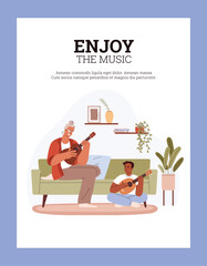 Poster or vertical banner with grandma teaching child boy sitting on floor play ukulele