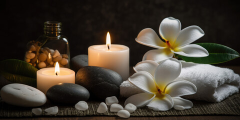 Spa, massage and body treatment composition, with  towels, candles and spa stones 