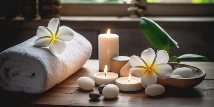 Spa, massage and body treatment composition, with  towels, candles and spa stones 