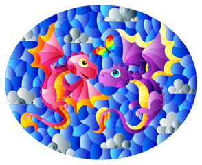 Stained glass illustration with bright cartoon dragons against a cloudy blue sky, oval image