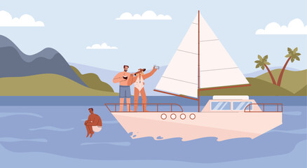 Happy people relaxing on yacht or sailboat, sea landscape - flat vector illustration.