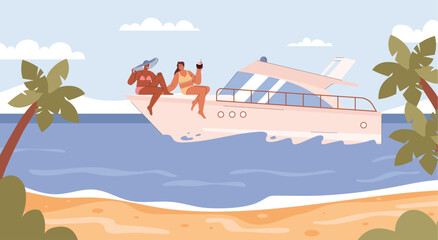 Women partying and enjoying sailing on sea pleasure boat, vector illustration.