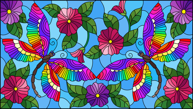 Stained glass illustration with bright dragonflies, leaves and flowers on a blue sky background