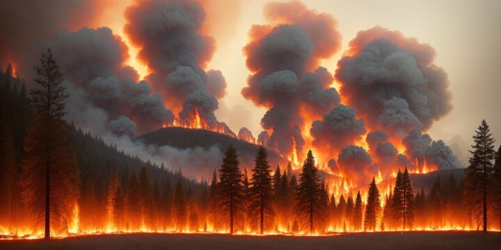 Burned forest spruces after fire nature background, nature disaster concept illustration, consequences of raising fires in forest, careful with fires in the woods, burnt fir trunks. Generative AI