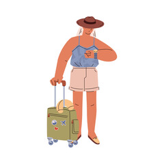 Woman in summer clothes standing with suitcase and watching on clock flat style