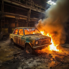 Obraz na płótnie Canvas abandoned car wreck on fire, anarchy, revolt, urban war - by generative ai