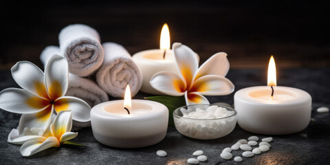 Spa, massage and body treatment composition, with  towels, candles and spa salts 