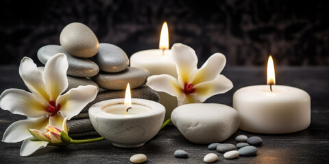 Spa, massage and body treatment composition, with  candles and spa stones 