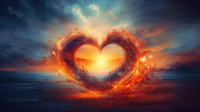 summer solstice love, heart in the sky sunset romance tantra - by generative ai
