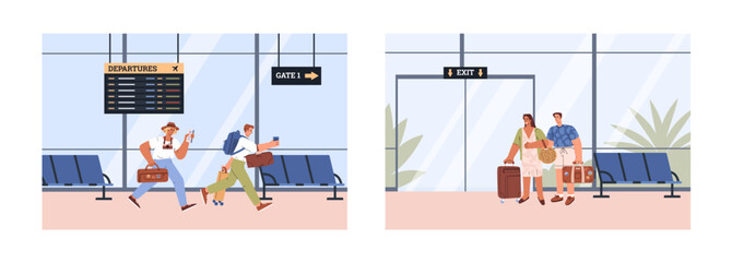 Set of scenes about people with suitcases at airport flat style