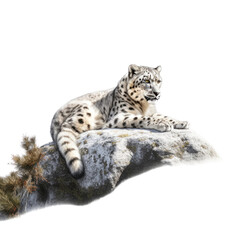 Obraz premium a Snow Leopard resting on a rock with snow, full body, big cat, a majestic creature, Wildlife-themed, photorealistic illustrations in a PNG, cutout, and isolated. Generative AI