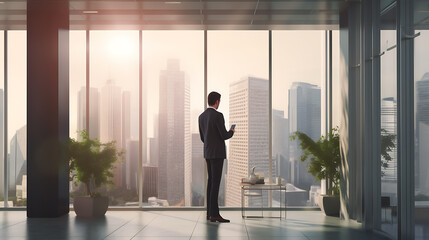 Fototapeta na wymiar Businessman standing in office watching city view.Created with Generative AI technology.