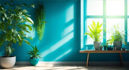 Peaceful interior background with soft teal walls and potted plant. Sun rays streaming through windows. Wallpaper, generative ai