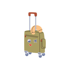 Green suitcase on wheels with cute stickers flat style, vector illustration