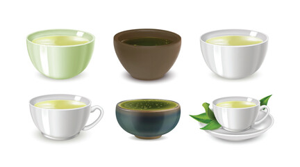 Realistic Detailed 3d Different Types Tea Cup Set Include of Chawan, Mug and Saucer. Vector illustration