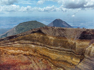 Drone shot showing inside of Santa ana's volcano in the country of El Salvador. Another volcano in...