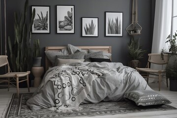 Modern Interior bedroom design Patterned blanket on wooden bed in grey bedroom