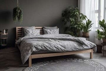 Modern Interior bedroom design Patterned blanket on wooden bed in grey bedroom