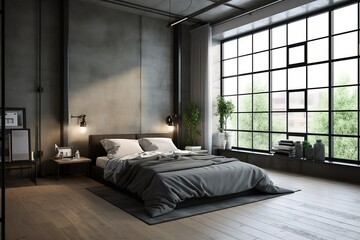 Modern interior bedroom design Loft and modern bedroom 3D render image 