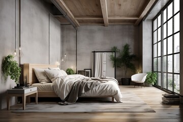 Modern interior bedroom design Loft and modern bedroom 3D render image 