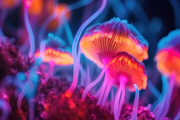 Fungus mycelium network texture in neon colors