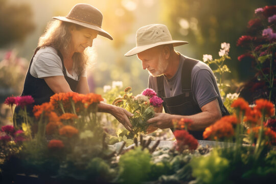 Mature Couple Harvesting Autumn Flowers In Garden