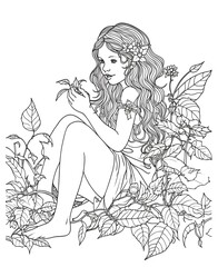 Fototapeta na wymiar Ink drawing coloring page for children, a beautiful half-length fairy, with dark hair, among flowers and leaves, playing with butterflies, for coloring adult, black and white, low detail, thick outlin