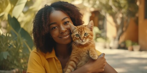 Beautiful young woman african american with cat outdoors. Woman on a green grass with cat, generative ai