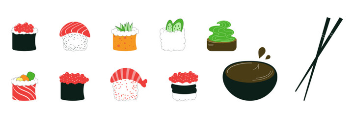 Sushi set. Vector illustration. Minimalism. Line art. Japanese traditional cuisine.