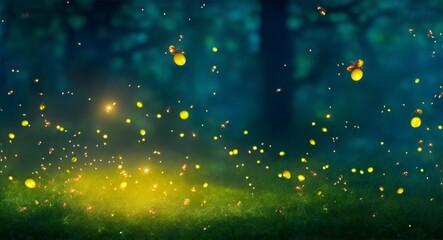 Magical firefly field at night. Lightning bugs in an enchanted landscape. Abstract glowing wallpaper background, generative ai, ai - obrazy, fototapety, plakaty