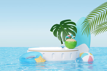 Fototapeta na wymiar 3D render Summer vacation abstract product display, Minimal Realistic Display Podium in the blue ocean sea background concept, Cosmetics with tropical summer island, umbrella, inflatable ring.