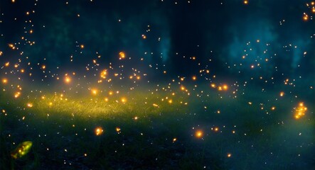 Magical firefly field at night. Lightning bugs in an enchanted landscape. Abstract glowing wallpaper background, generative ai, ai © Karol