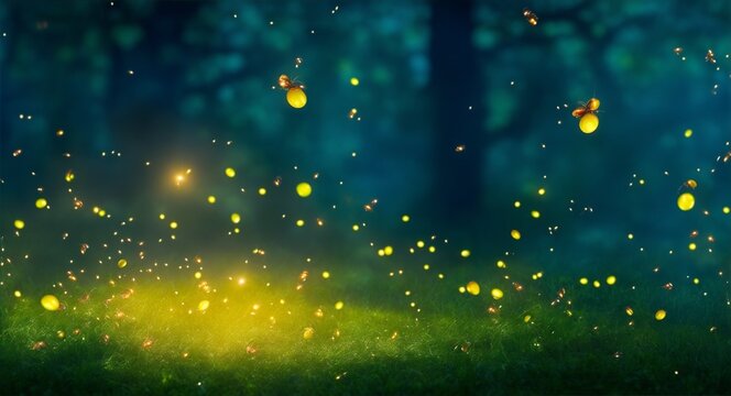 Magical firefly field at night. Lightning bugs in an enchanted landscape. Abstract glowing wallpaper background, generative ai, ai