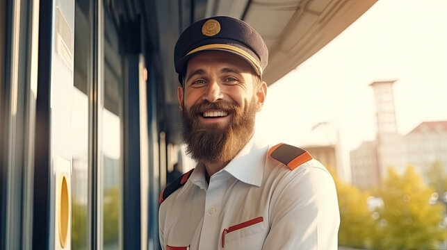 Smiling conductor next to a train stopped at the station. Generative AI