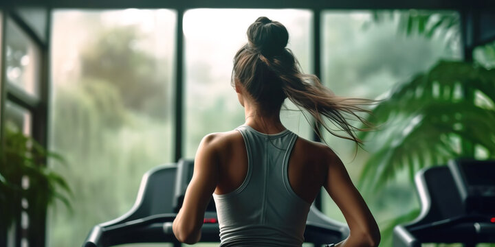 Girl running on a treadmill. Young woman running on treadmill in the fitness gym.