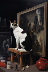 Elegant cat posing with a work of art behind, oil painting. Generative AI