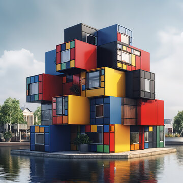 Toen group of houses built from rubik cubes, multicolor realistic, comfortable home. Generative AI